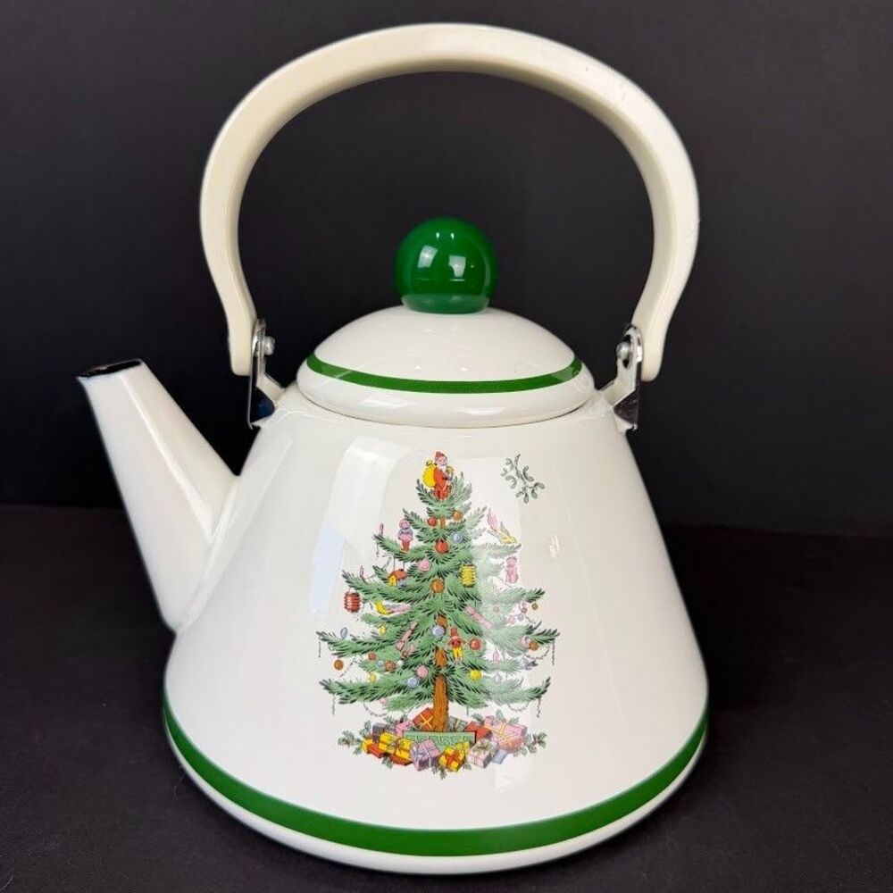 Spode Christmas Tree 2.5 Qt Porcelain Enamel on Steel Tea Kettle w Swivel Handle